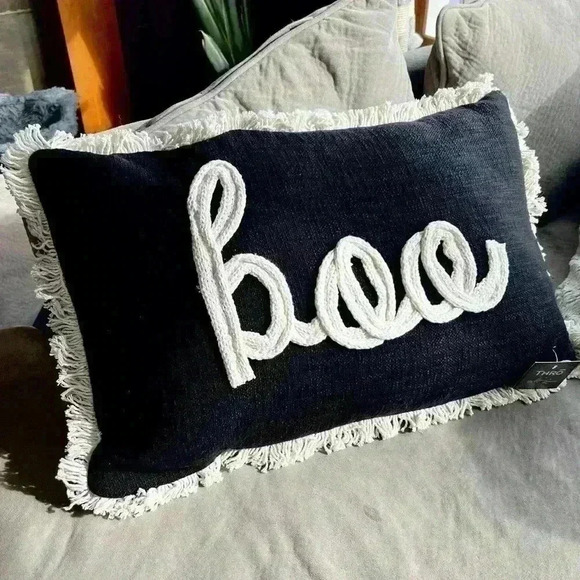 NEW Gorgeous BOO Embroidered Textured Yarn Accent Throw Pillow with fringe - Picture 2 of 9